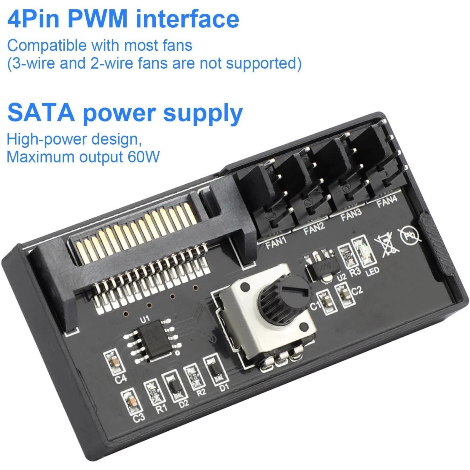 PC Case Fan Controller Hub 4 Pin PWM SATA Powered 12V 60W Adjustable Speed Knob
