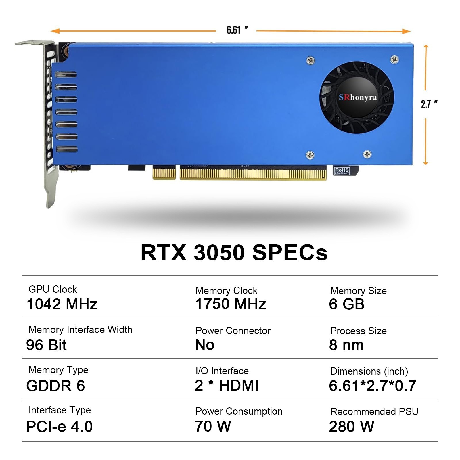 SRhonyra RTX 3050 6GB GDDR6 Low Profile Graphics Card 96-Bit Dual HDMI Display