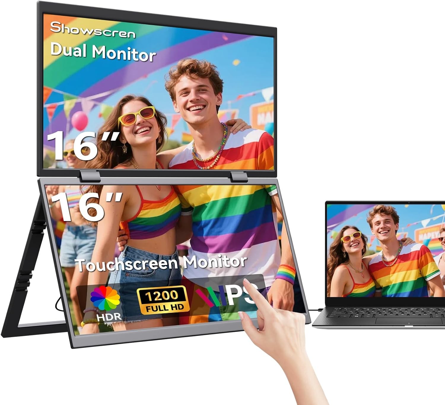 16 Inch Dual Touchscreen Portable Monitor, 1920×1200 IPS, USB-C & HDMI