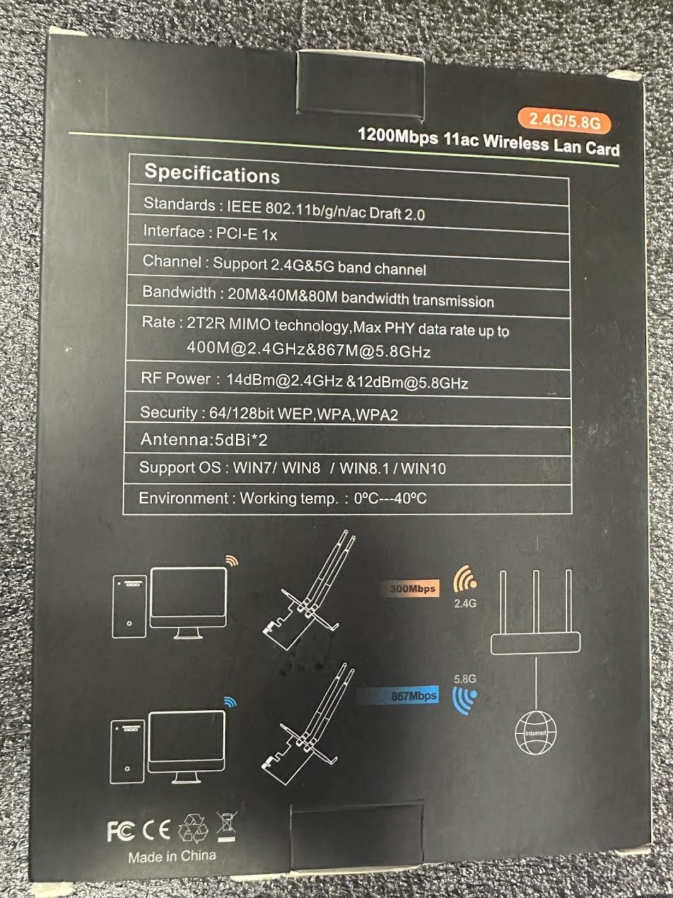 1200Mbps 2.4G/5.8G 11ac wireless Lan card-NEW