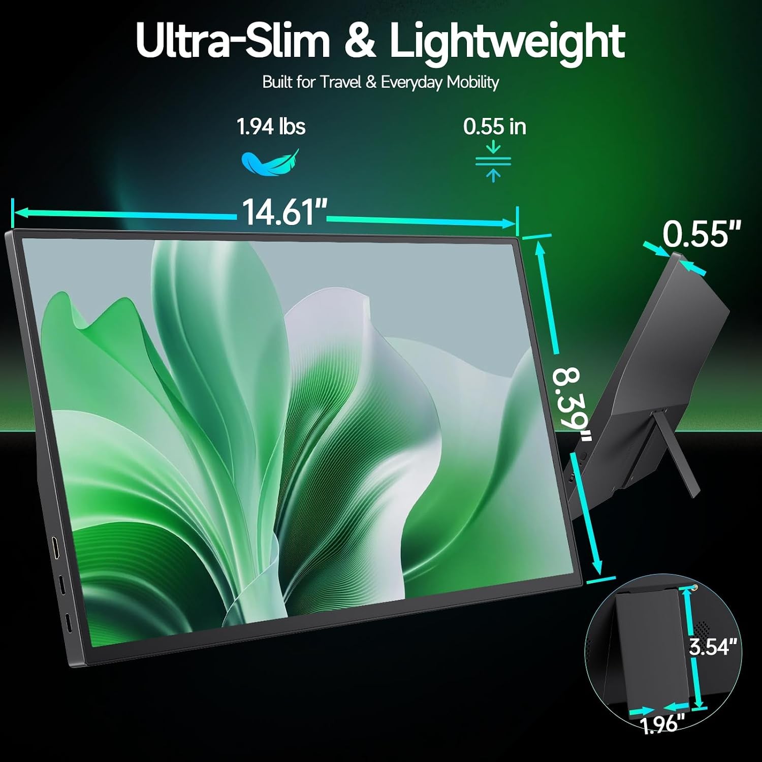 15.6″ FHD Portable Monitor, Dual USB Type-C HDMI, Built-in Speakers