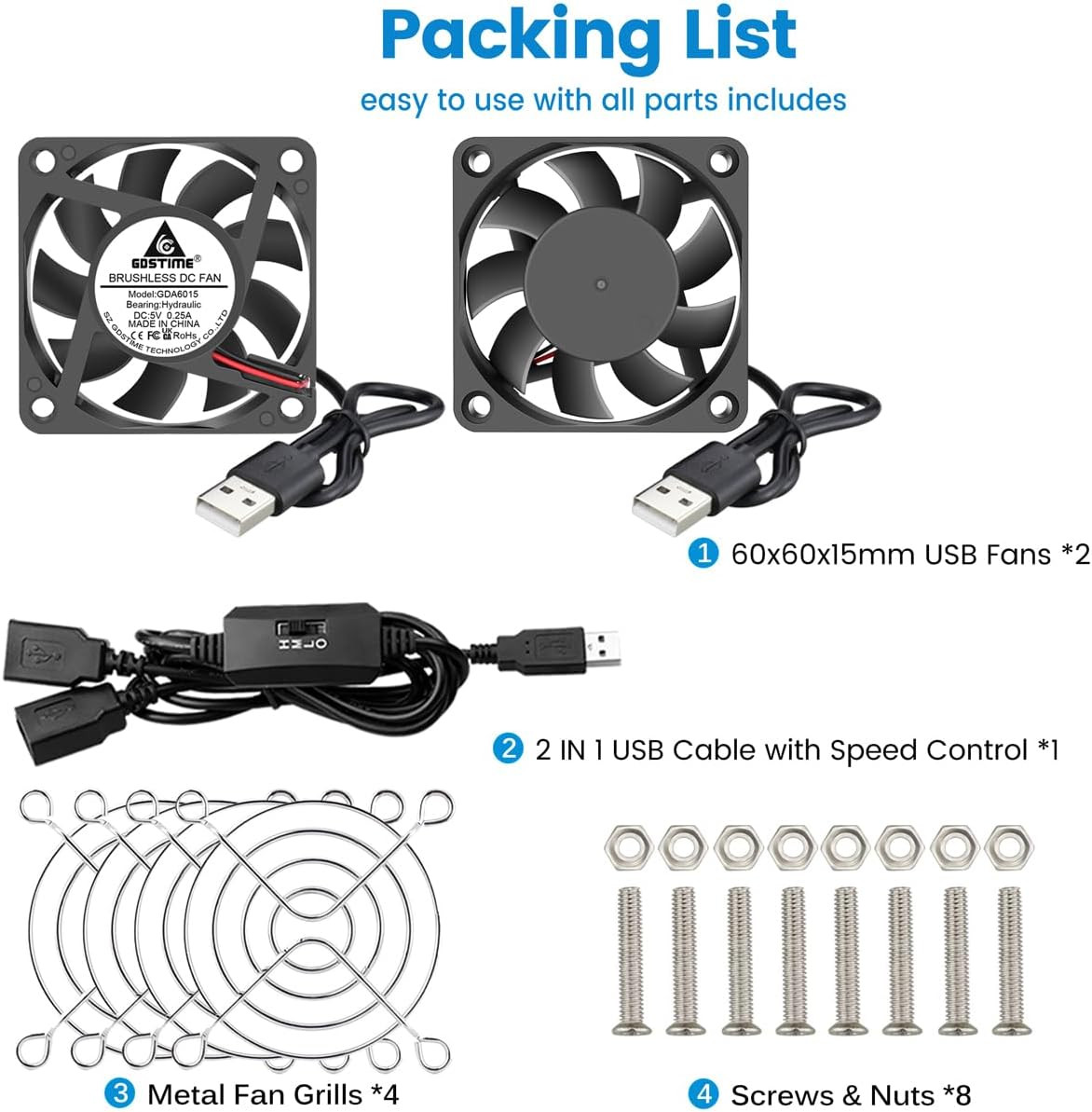 GDSTIME 2-Pack 60Mm X 15Mm USB Fan with 3 Speed Control, 5V Brushless DC Cooling