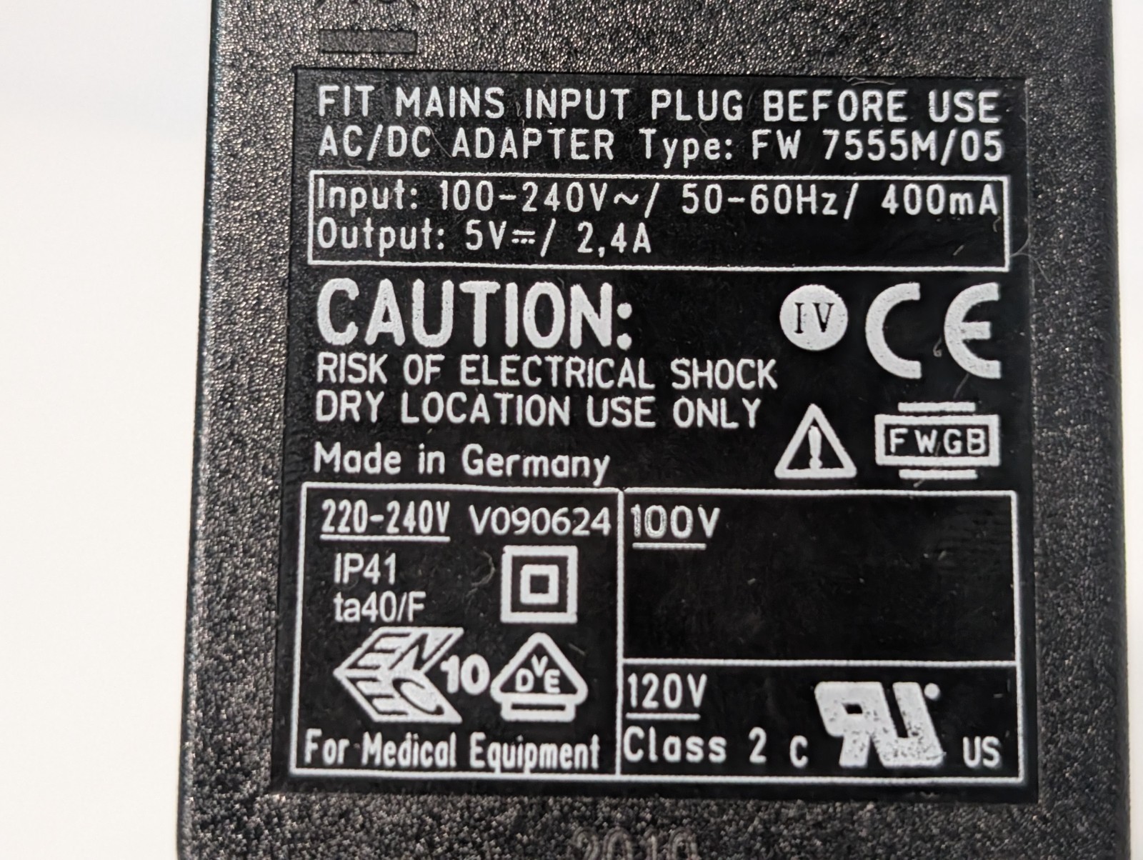 FWGB FW-7555M/05 power supply adapter for medical equipment, Made in Germany
