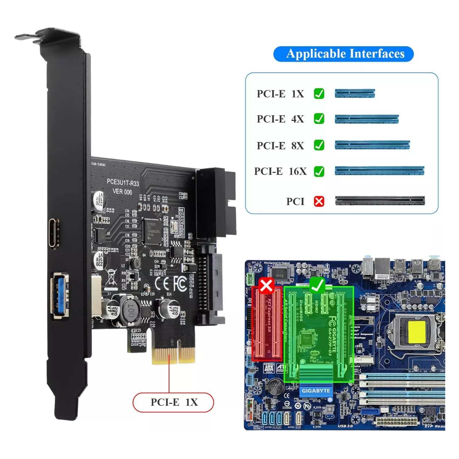PCI-E 1X to USB3.2 Gen1 5Gbps 2 Ports(Type C+ Type A) Expansion Card With 19PIN