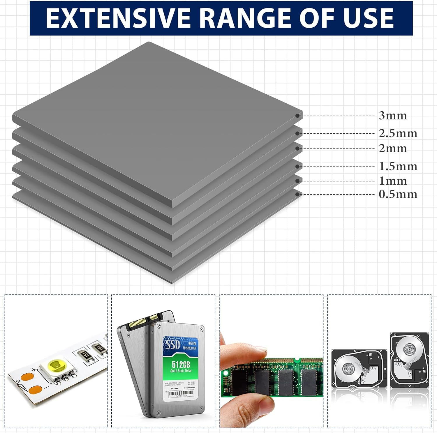 6 Pcs Thermal Pad 100 x 100 mm, 0.5 mm, 1 mm, 1.5 mm, 2 mm, 2.5 mm, 3 mm Heat Re