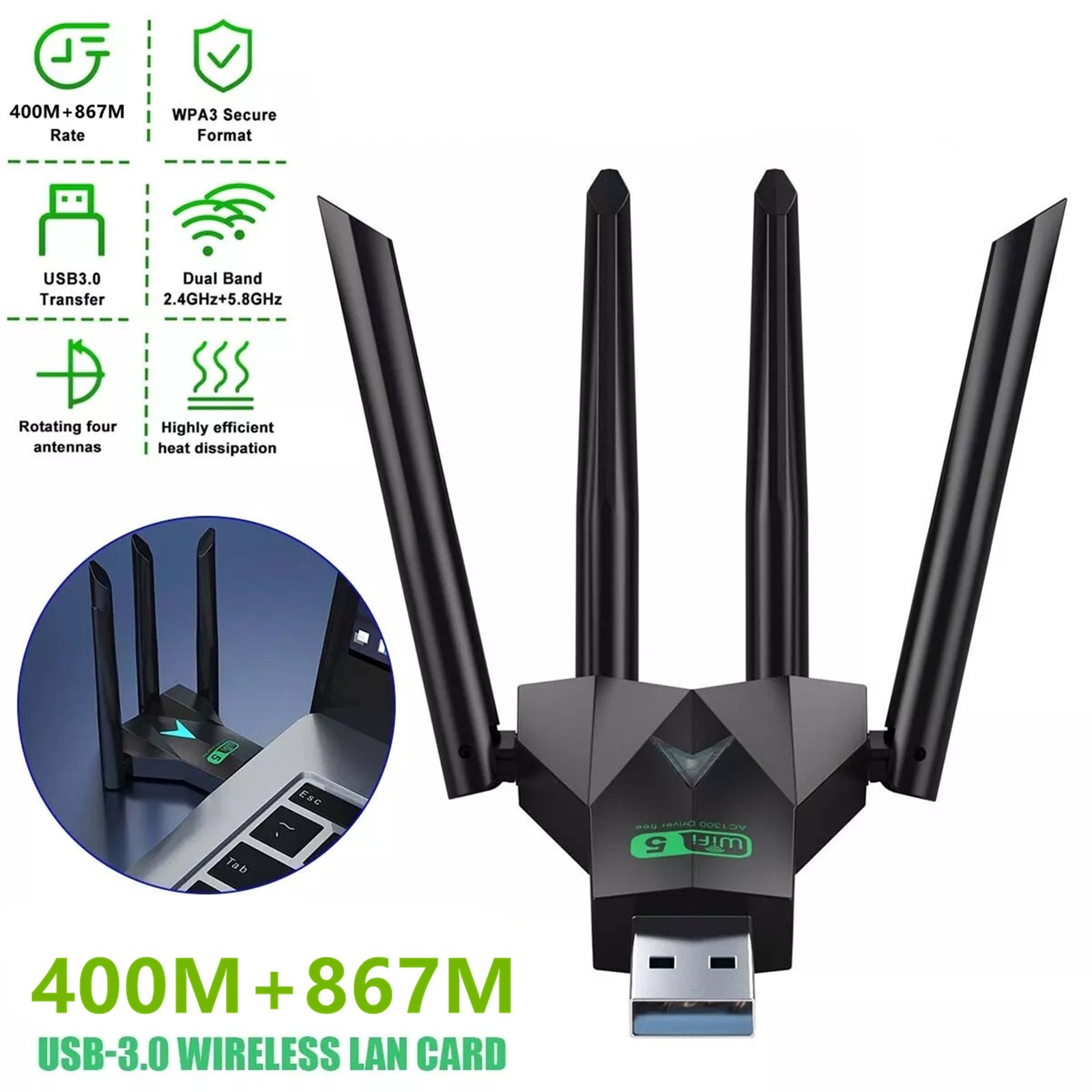 2.4G/5G USB 3.0 WIFI Adapter with 400mbps 867mbps Dual-Band Transmission