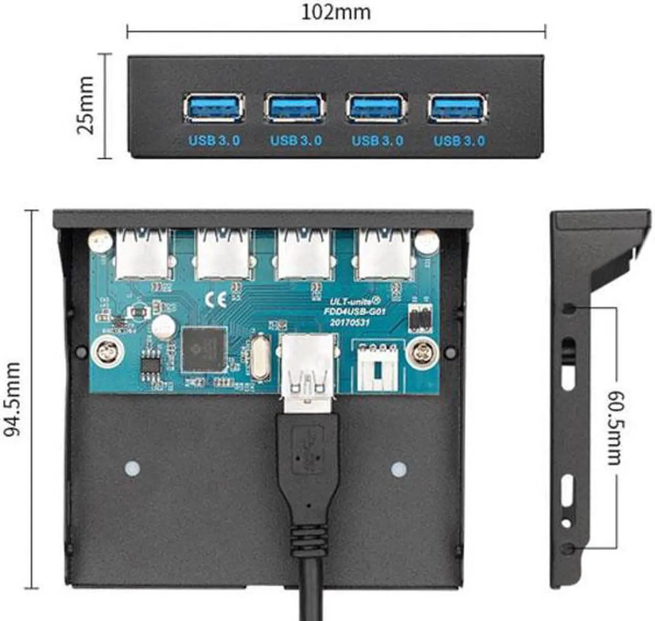 USB 3.0 HUB 4 Ports Front Panel 3.5″ bay to Motherboard 20 Pin header
