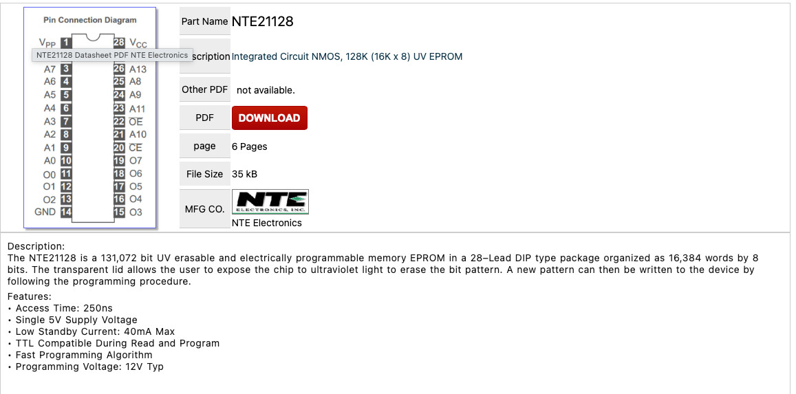 NOS NTE21128 131,072 bit UV EPROM Integrated Circuit DIP Package
