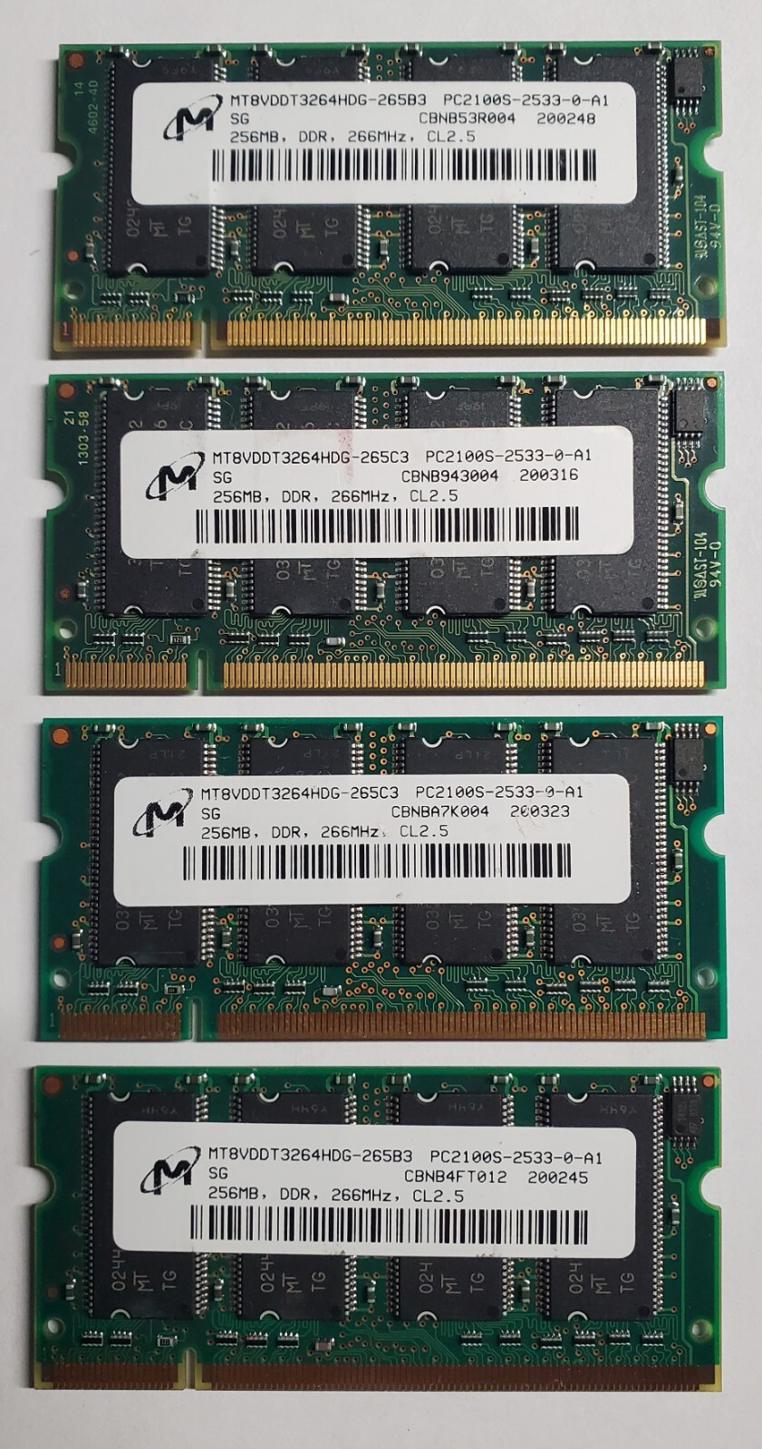 Lot 4 Pieces – Micron MT4VDDT1664HG-265C2 PC2100S 128MB DDR266 CL2.5 SODIMM