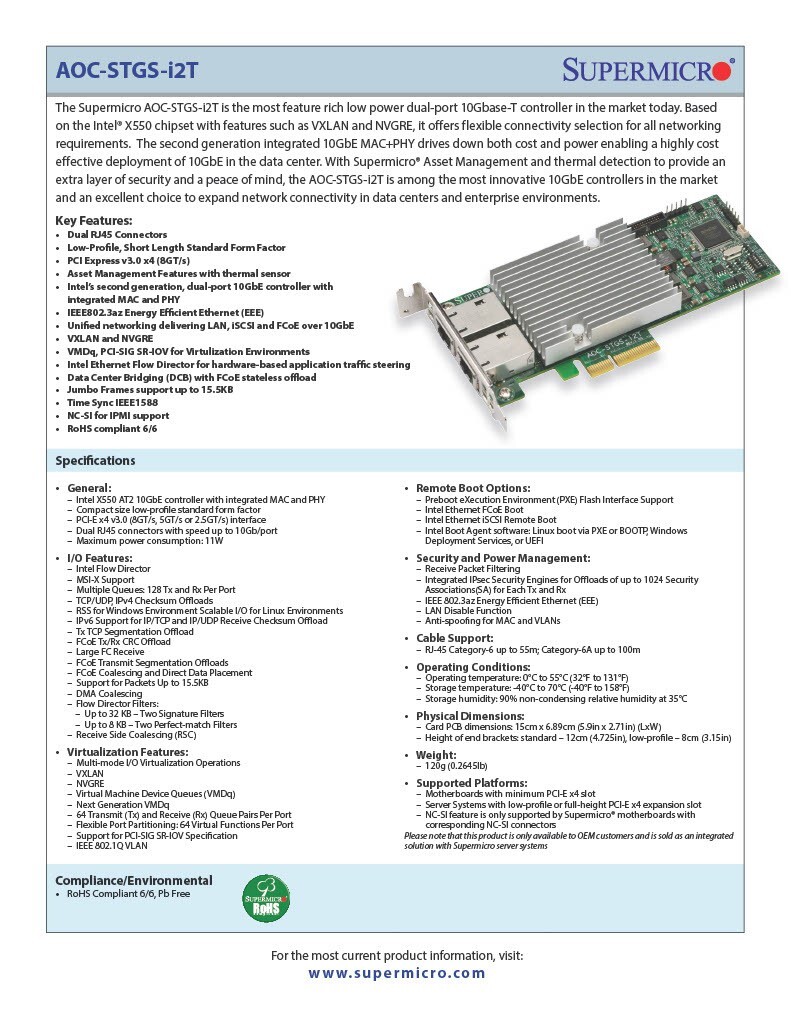 Supermicro 10Gb Dual Port Ethernet LAN PCI-E Adapter Intel X550 Network Card
