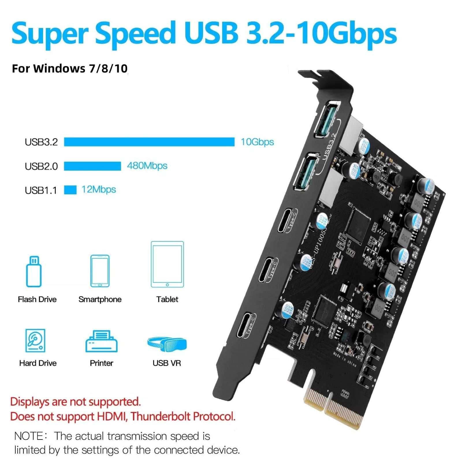 Desktop Expansion Card 20 Gbps Bandwidth 5 Ports( 2*USBA 3*USBC) For Win 7/8/10