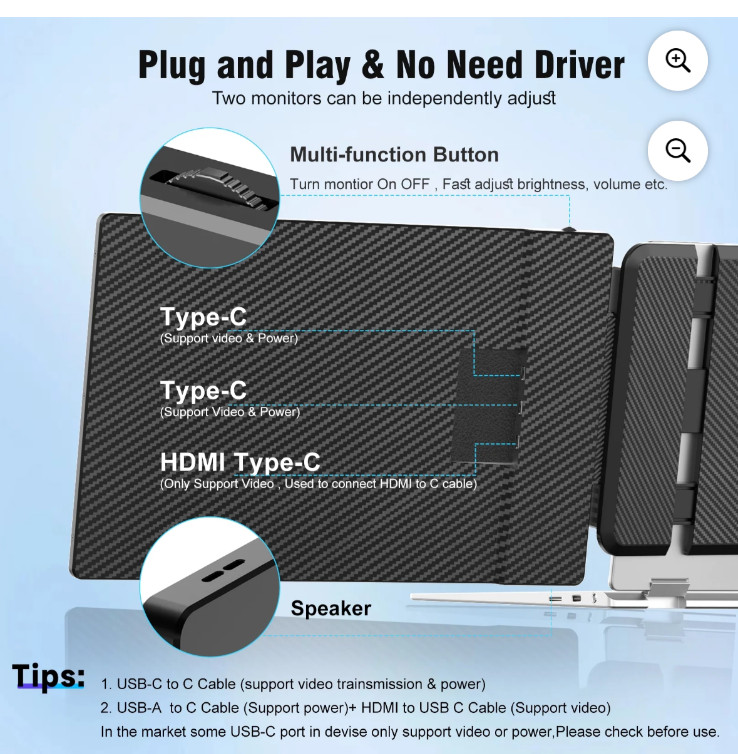 Dual Screen 14″ IPS Laptop Screen Extender 1080p 16:9 Black