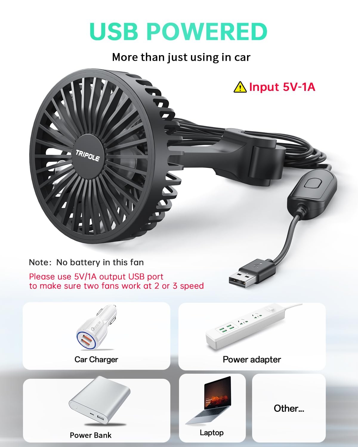 TriPole Car Fan for Rear Seat USB Powered Powerful 3 Speed 5V with Black