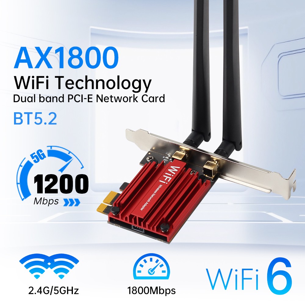 MT7921 PCIe WiFi6 AX1800 1800Mbps Dual Band Bluetooth 5.2 Wireless Network Card