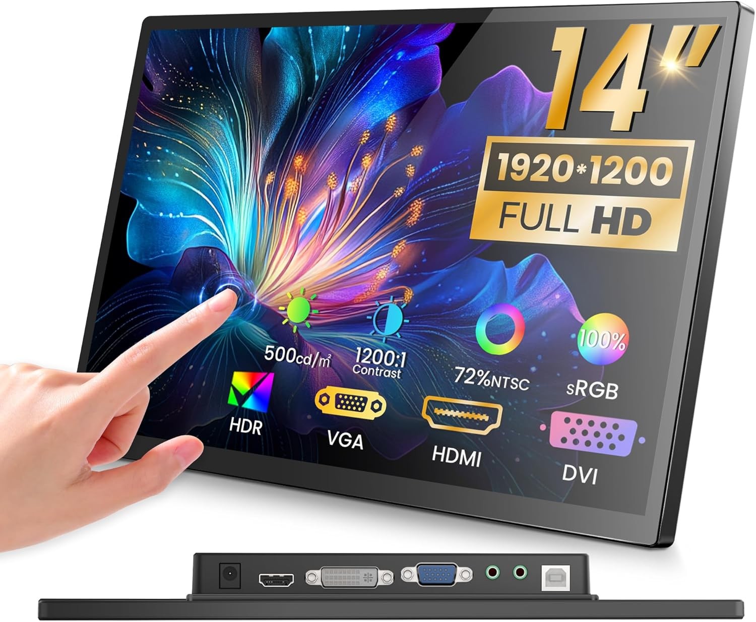 14 Inch FHD Portable Touchscreen Monitor 1920×1200 HDR IPS with HDMI VGA DVI