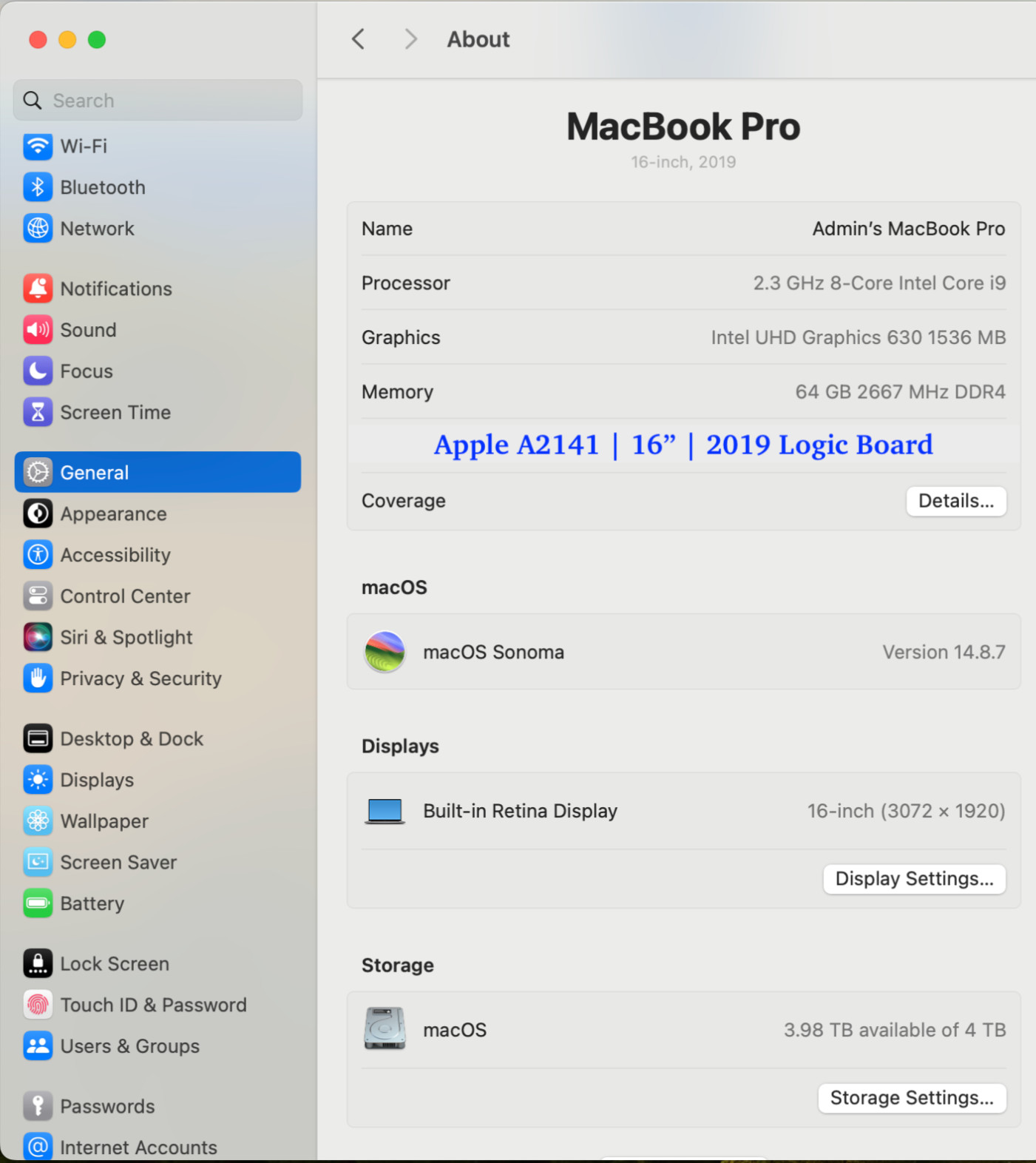 Apple A2141 | 16″ 2019 i9-9880H-64GB-4TB-8GB AMD 5500M Logic Board 820-01700-A