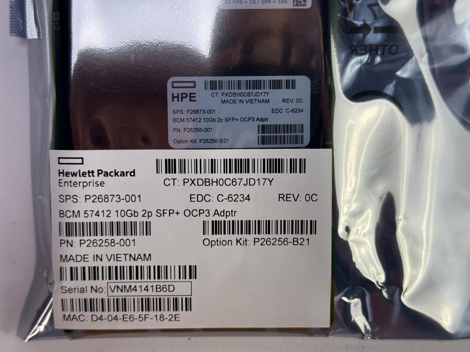 HPE P26256-B21 Broadcom 57412 10Gbe 2 port SFP+ Adapter NIC 2P 10G SFP OCP OCP3