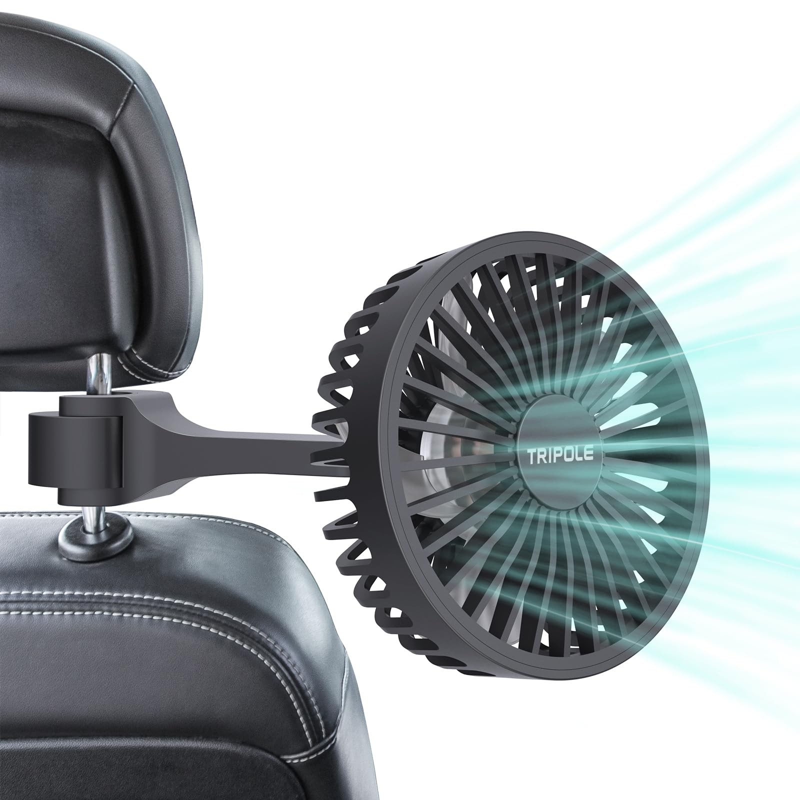 TriPole Car Fan for Rear Seat USB Powered Powerful 3 Speed 5V with Black