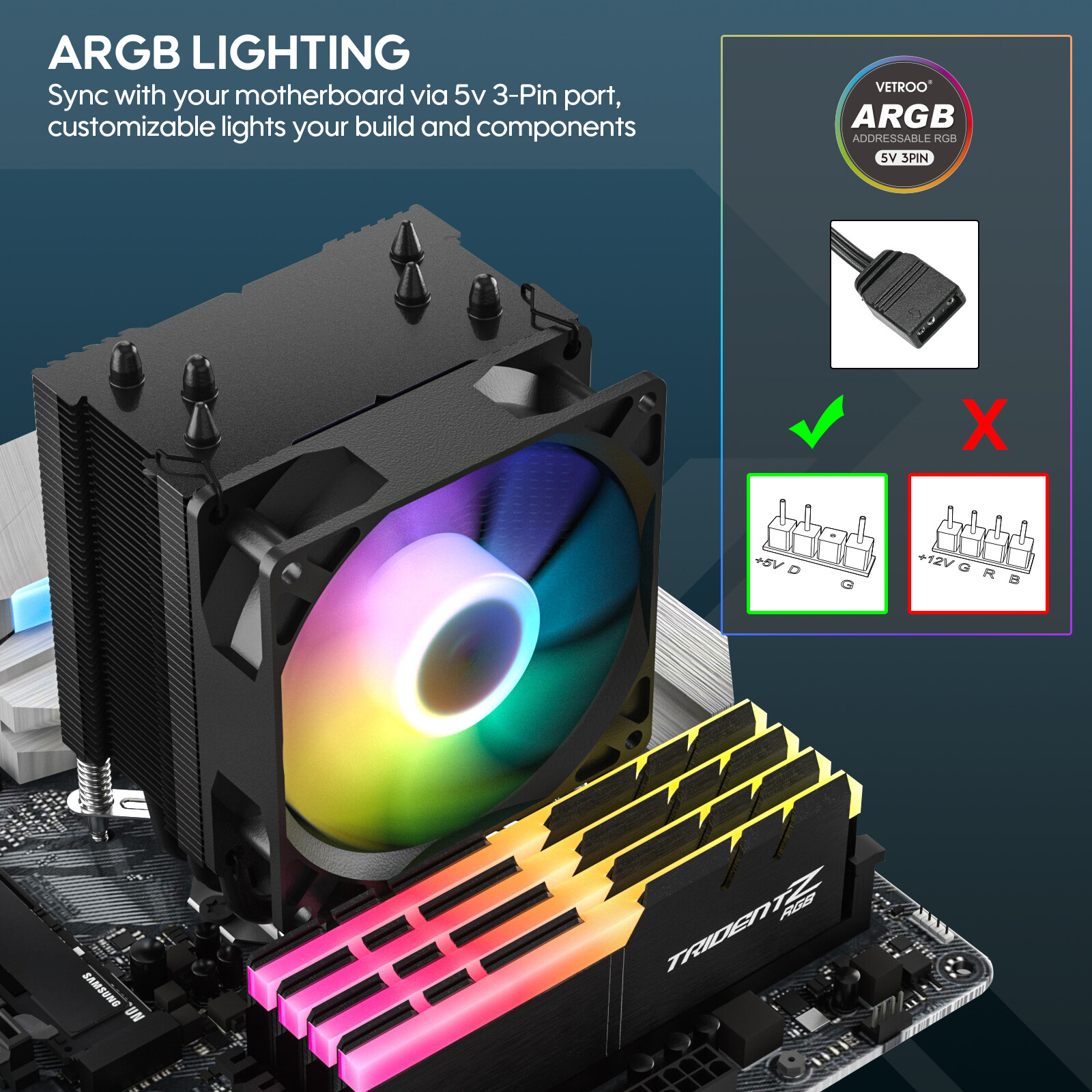 Vetroo V5 ARGB CPU Cooler Computer Case PC Heatsink 5 Heatpipes LGA 1700/AMD AM4