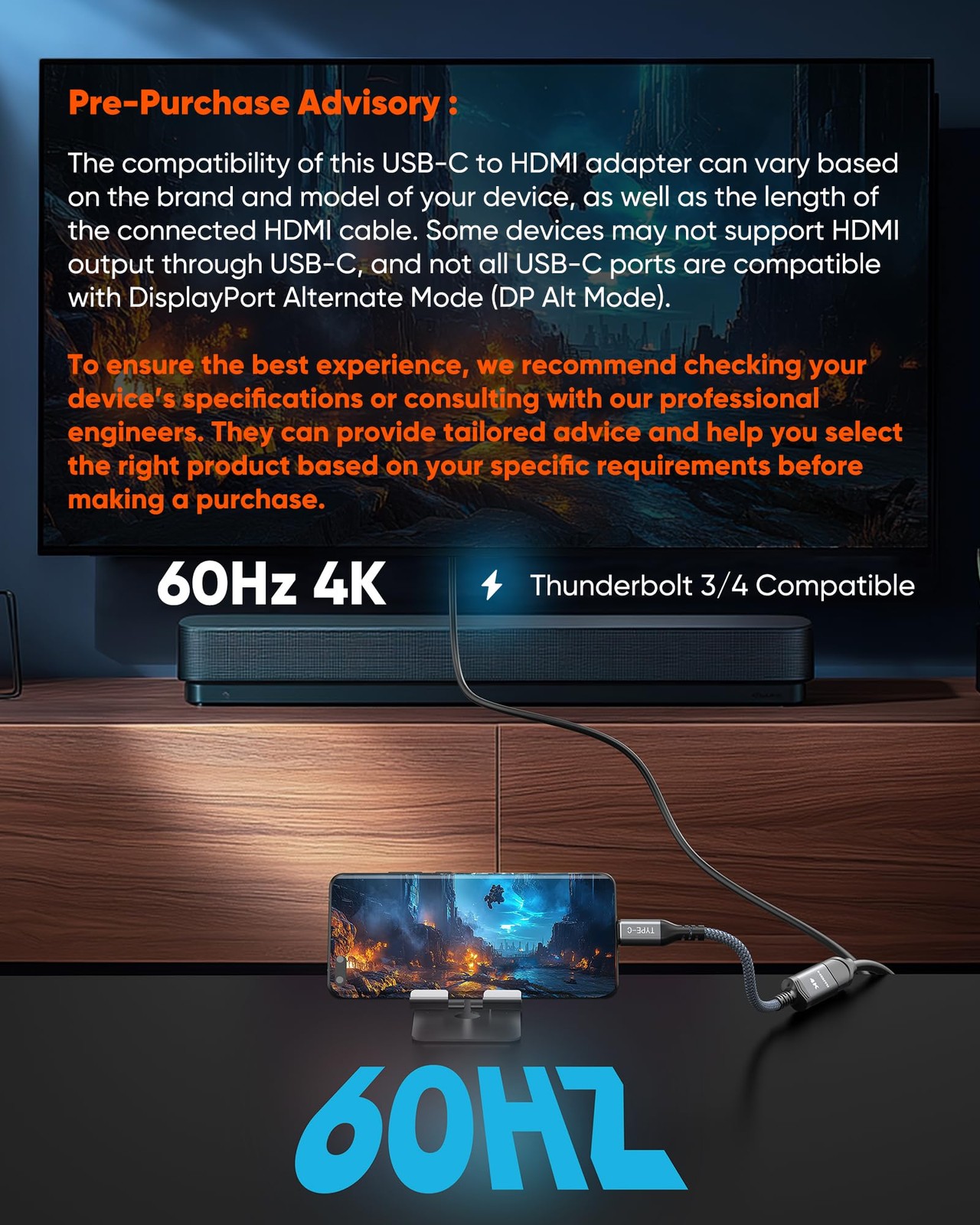Highwings USB C to HDMI Adapter (4K@60Hz), Type C Cable Grey