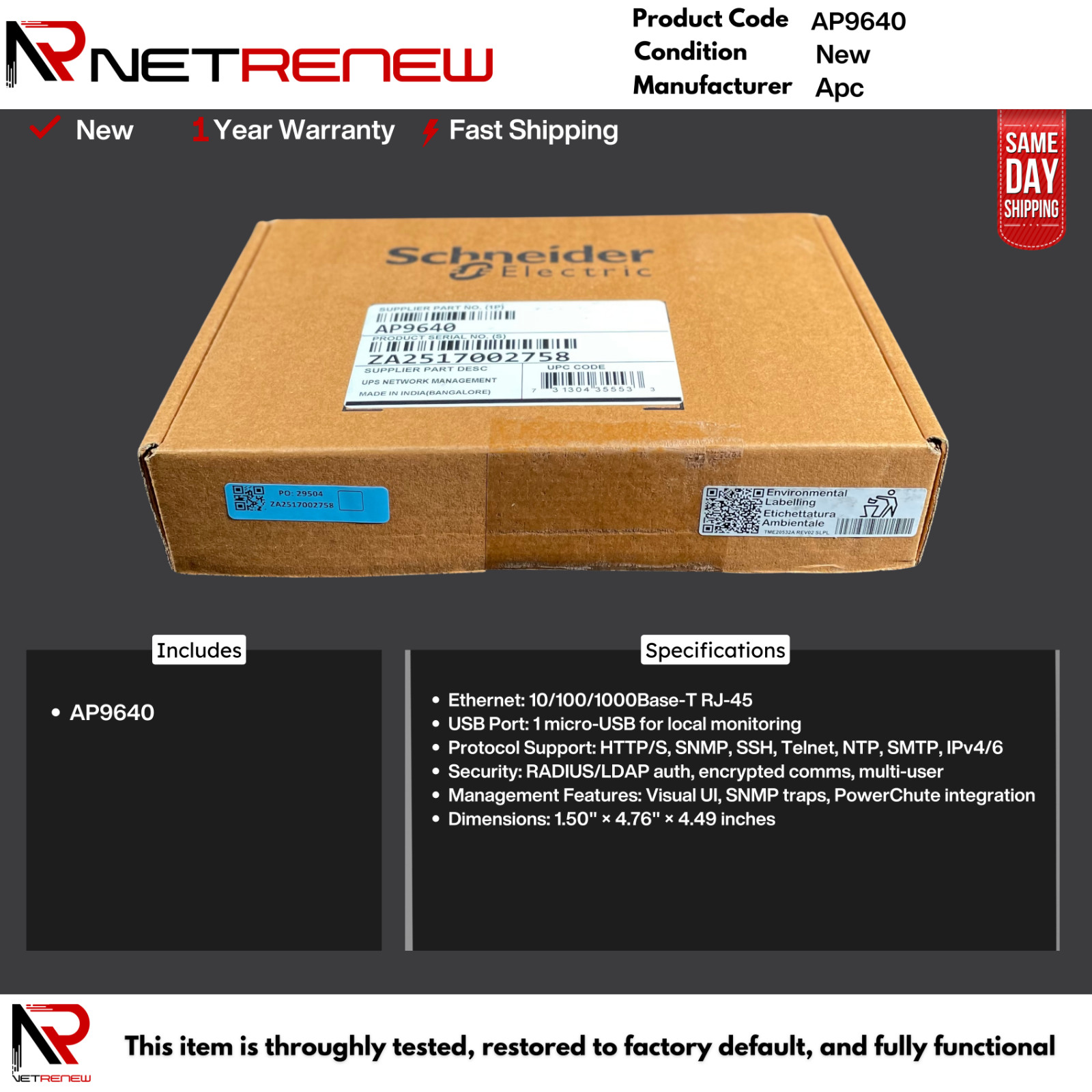 NEW APC AP9640 NMC 3 UPS Network Management Card – Schneider Electric