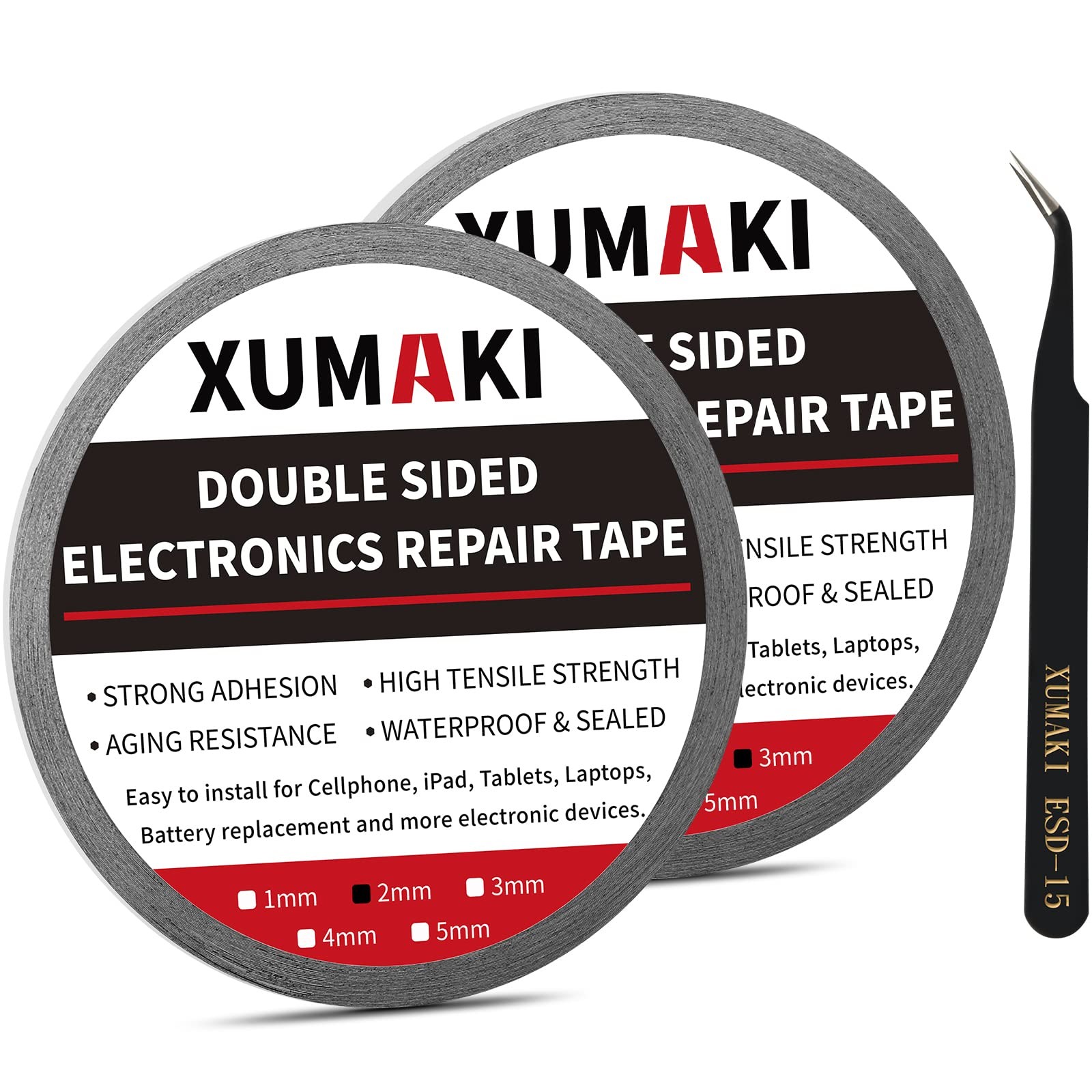 XUMAKI 2mm / 3mm x 50M LCD Repair Tape Phone Screen Adhesive 2mm+3mm, Black