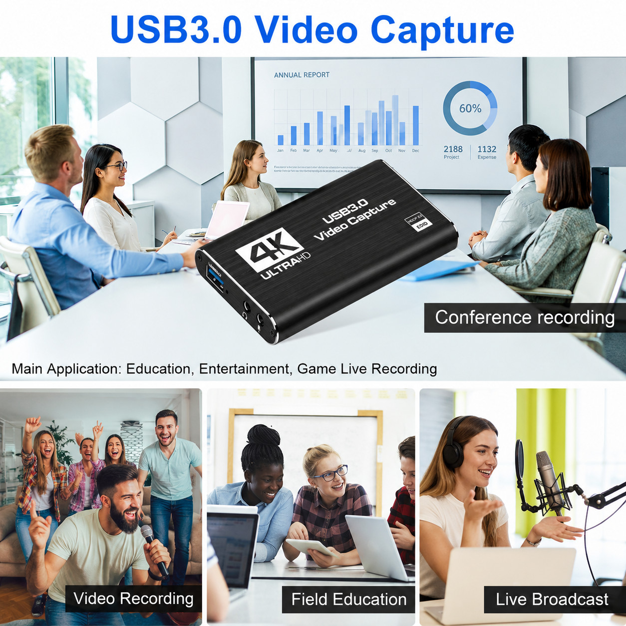 4K Audio Video Capture Card USB 3.0 HDMI Video Capture Device Full HD Recording