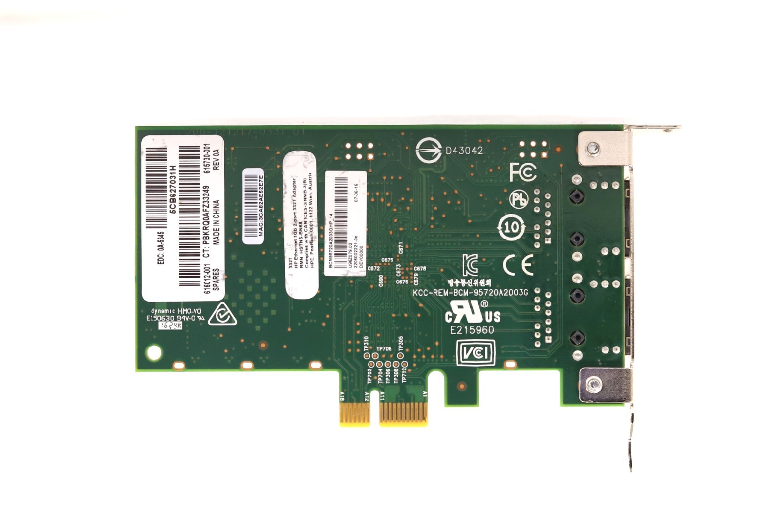 HP 332T Dual-Port Gigabit PCIe x1 L/Profile Network Adapter P/N: 616012-001