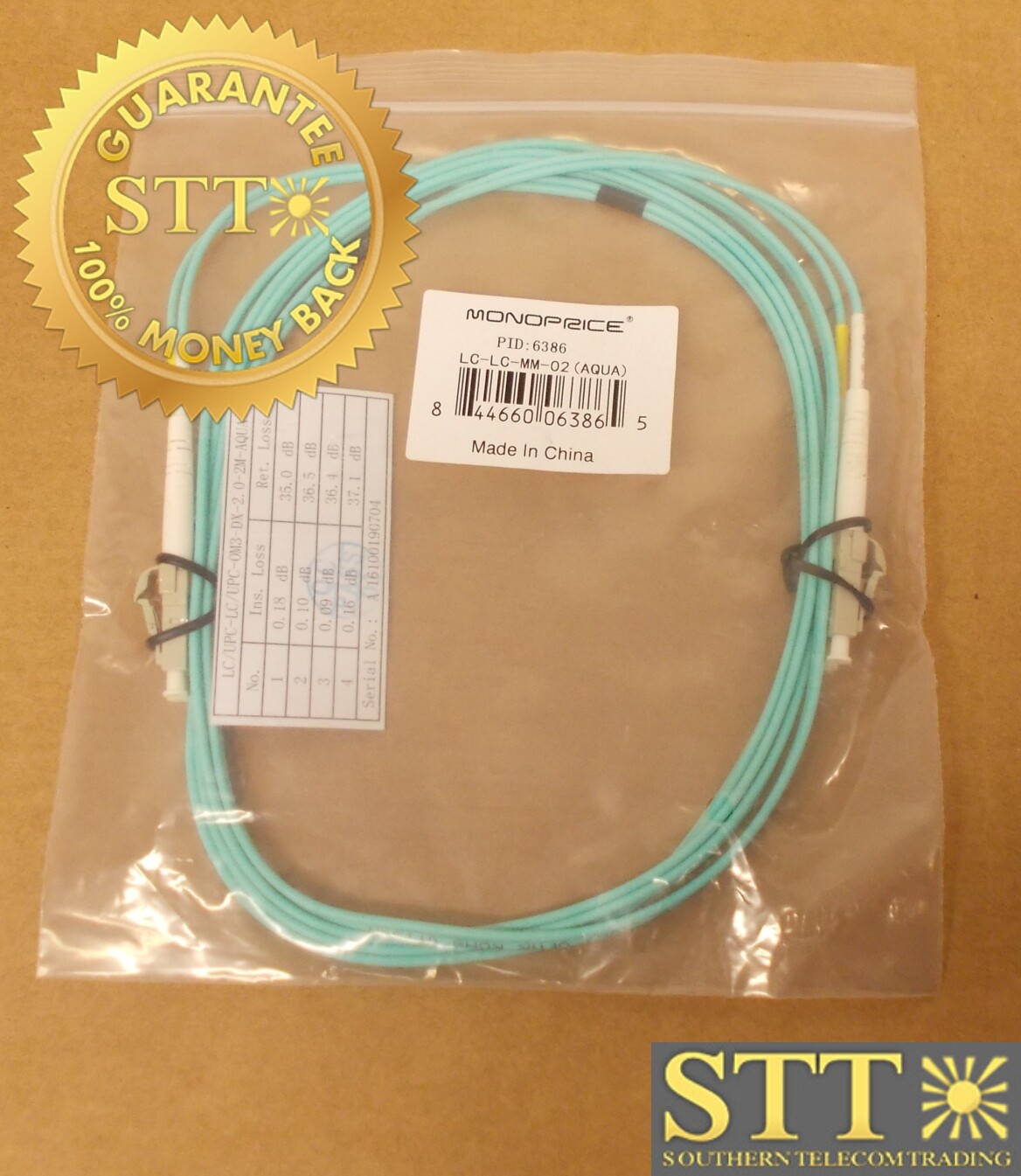 6386 MONOPRICE FIBER OPTICAL CABLE OM3 LC/LC 50/125 MM 10GB 2M AQUA NEW