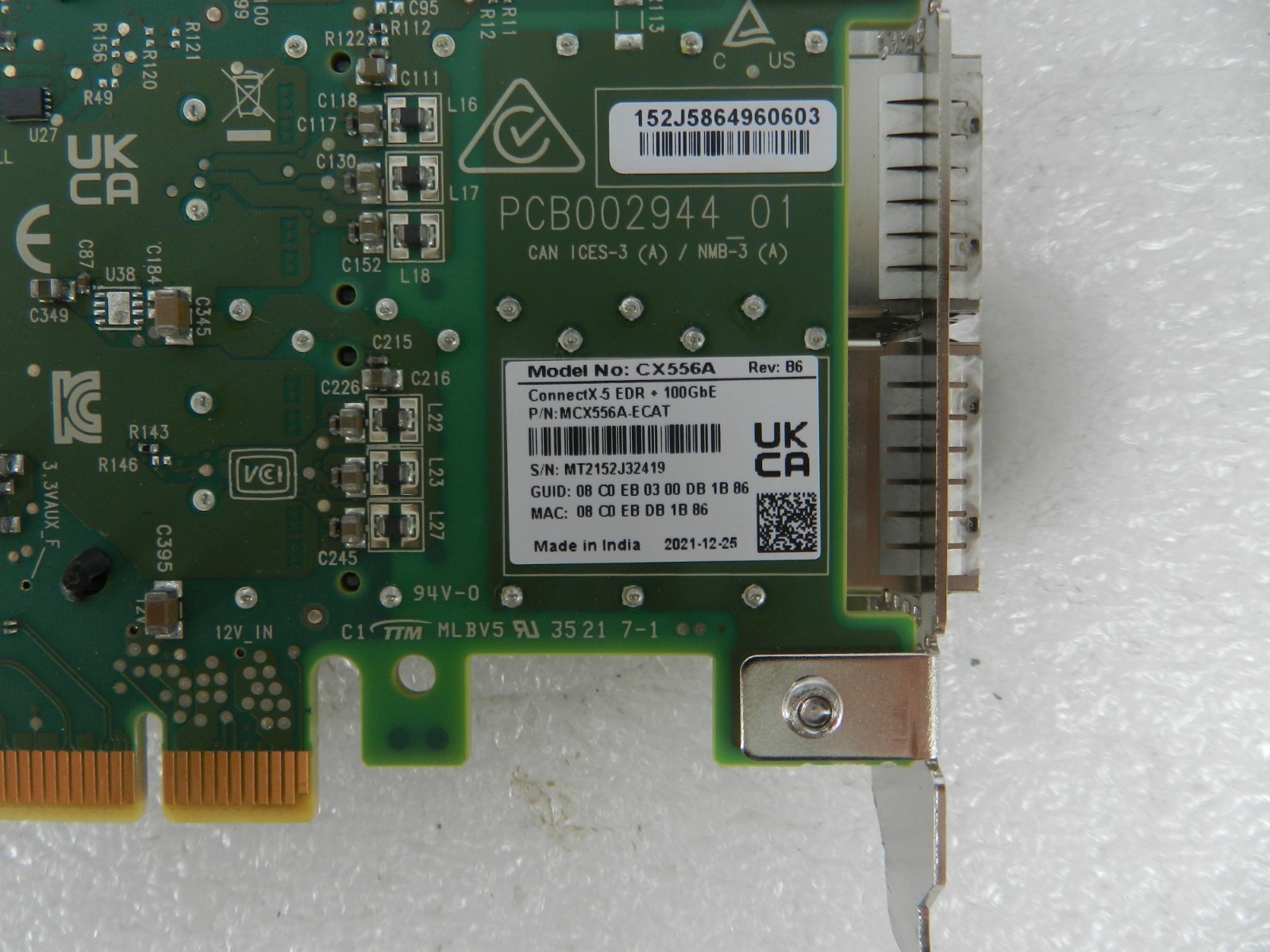 Mellanox CX556A MCX556A-ECAT Connectx-5 EDR+ 100Gbe 2-Port Adapter Card