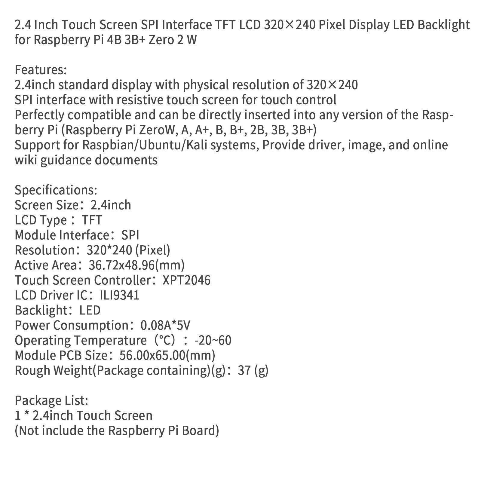 2.4″ Touch Screen TFT LCD 320*240 Pixel Display for Raspberry Pi 4B 3B+ Zero 2 W