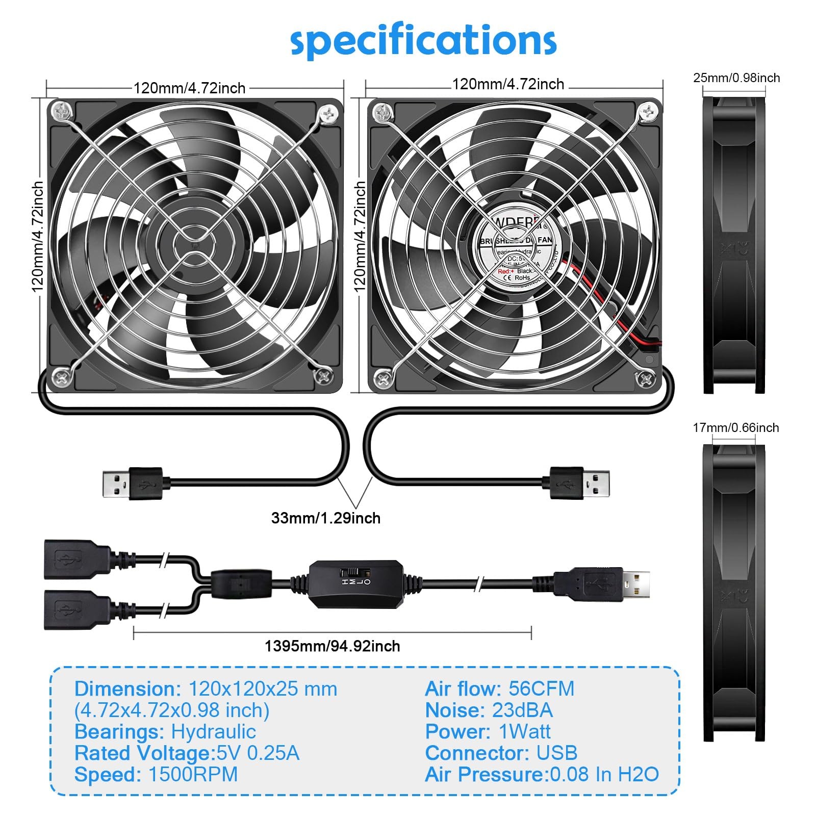 120mm Computer Case 5V USB Powered Fan, Small Silent Flat Cooler with Speed C…
