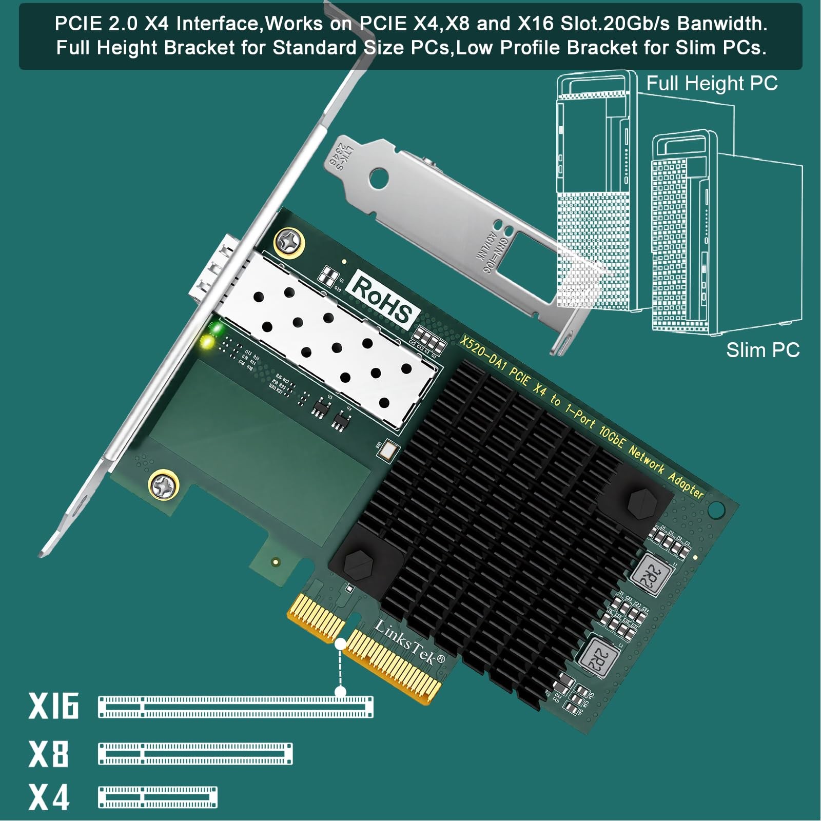 X520DA1 10Gb/s SFP+ Fiber Port Ethernet Adapter NIC Card PCIe x4 Intel 82599