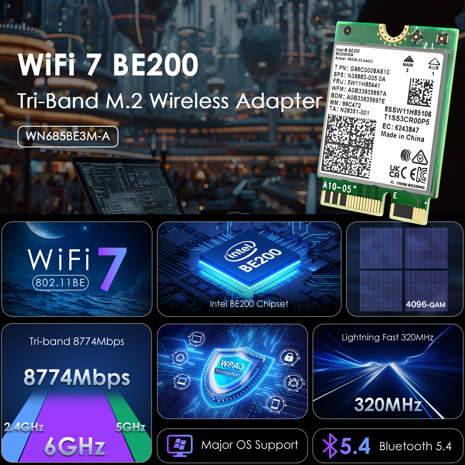 WAVLINK WiFi7 6E M.2 WIFI Card Wireless Bluetooth Adapter for PC BE200 AX210