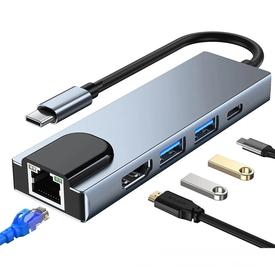 5in1 USB C HUB auf HDMI 4K LAN RJ45 Ethernet 2 USB 3.0 Schnell-Ladung PD 100W