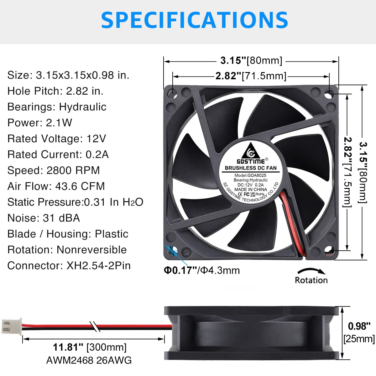 2 Pack 80Mm X 80Mm X 25Mm 12V DC Brushless Cooling Fan 2Pin