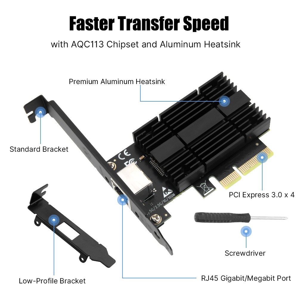 10G PCIe Network Adapter Marvell AQC113 RJ45 PCIe 3.0 x4 NIC for NAS Desktop PC