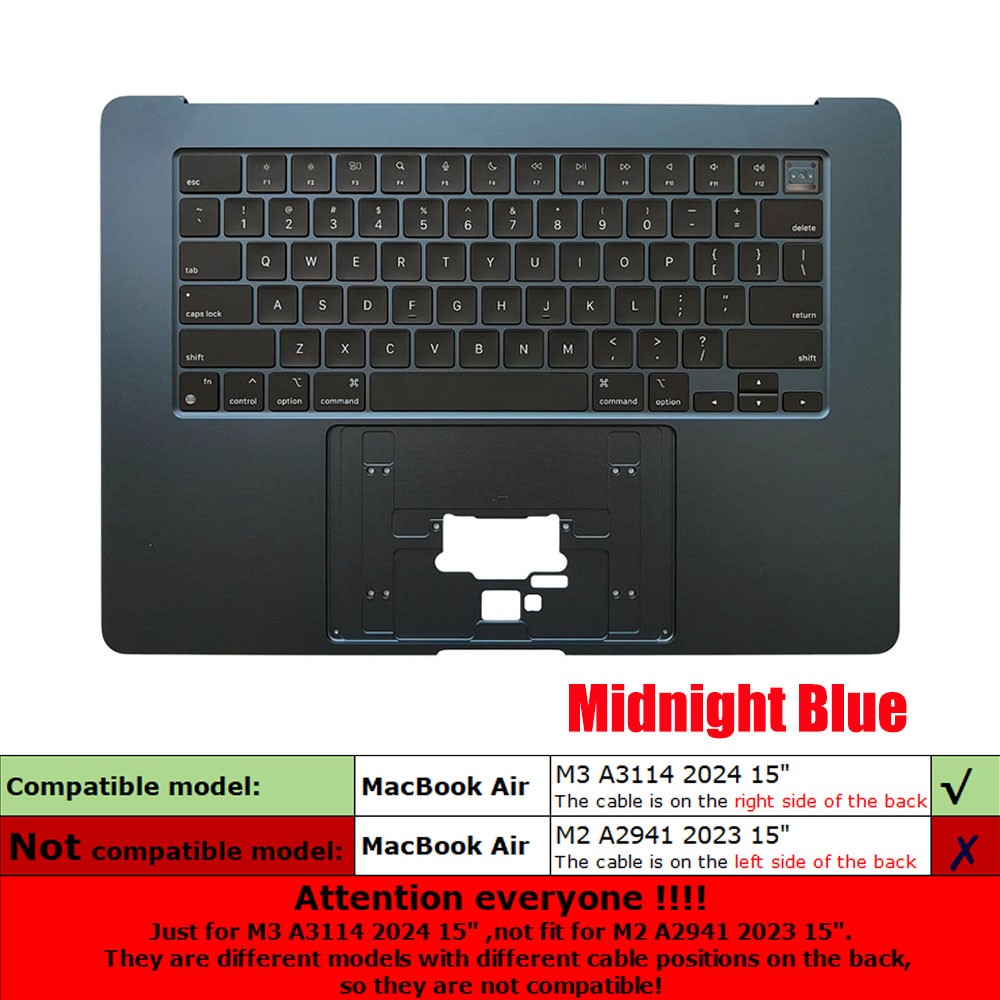 For Apple MacBook Air 15″ M3 A3114 2024 Keyboard Top Case Cover Midnight US
