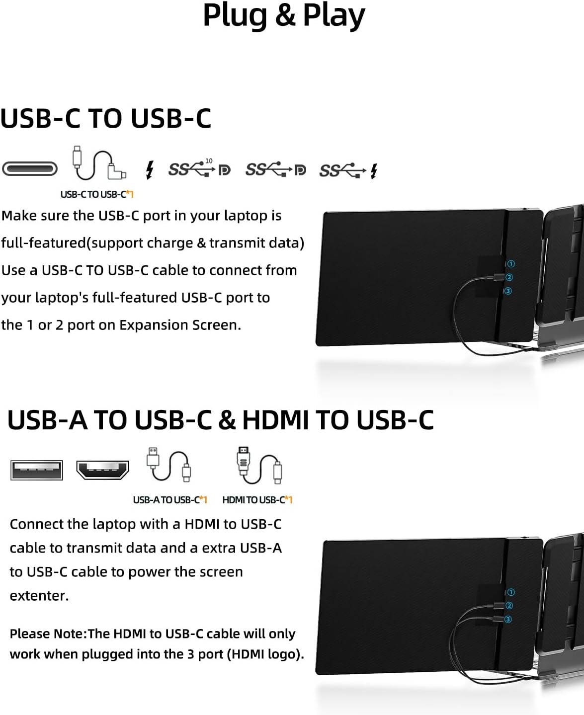 Portable 14″ Dual Laptop Monitor Extender, FHD 1080P with HDMI/USB-C Connections