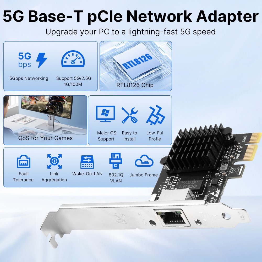 RTL8126 5Gbps PCI-E Single RJ45 Ethernet Network Card Desktop Wired LAN Adapter