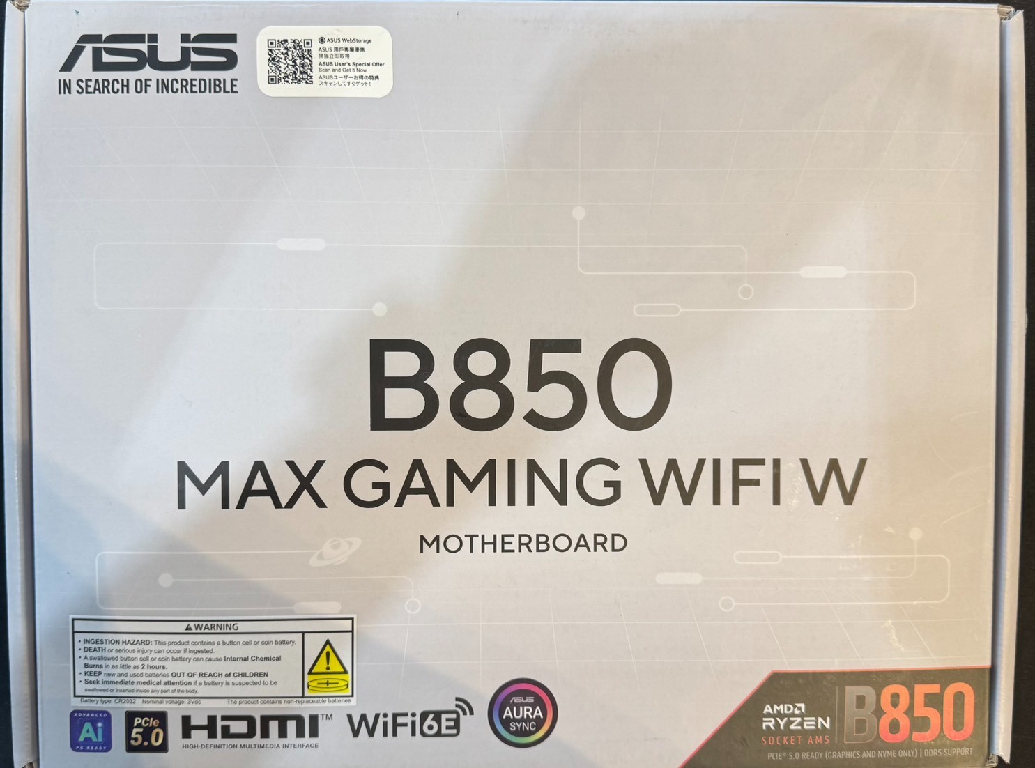 ASUS B850 MAX GAMING WIFI W AMD AM5 ATX Motherboard DDR5 White PCB