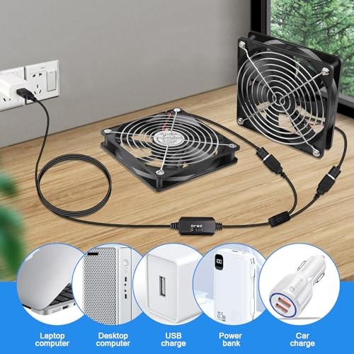 120mm Computer Case 5V USB Powered Fan, Small Silent Flat 2 in 1-12025-USB