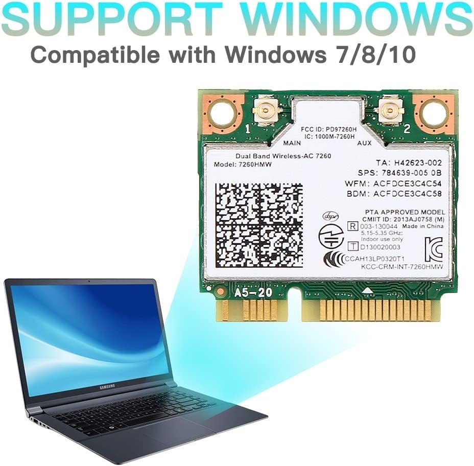 7260HMW Mini PCIe WiFi Card Dual Band AC1200Mbps BT4.0 for PC Laptop Win7/8/10