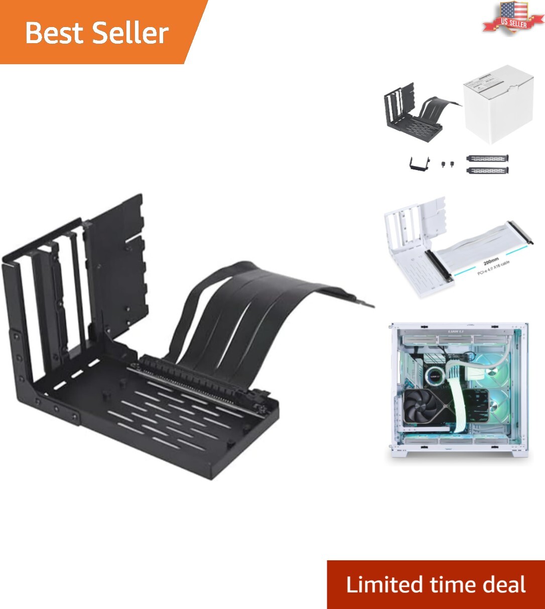 Toolless Vertical GPU Mounting Kit with PCIe 4.0 Riser Cable – Black Elegance