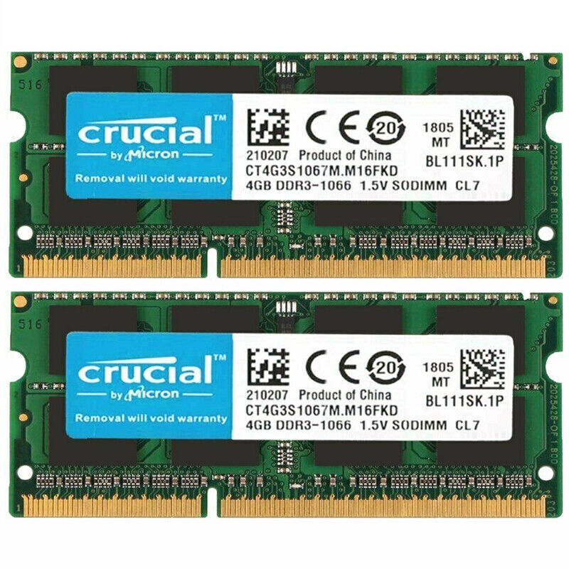 Crucial RAM 8GB 2X4GB 2RX8 PC3-8500 DDR3 1066MHz 1.5V Laptop Notebook Memory