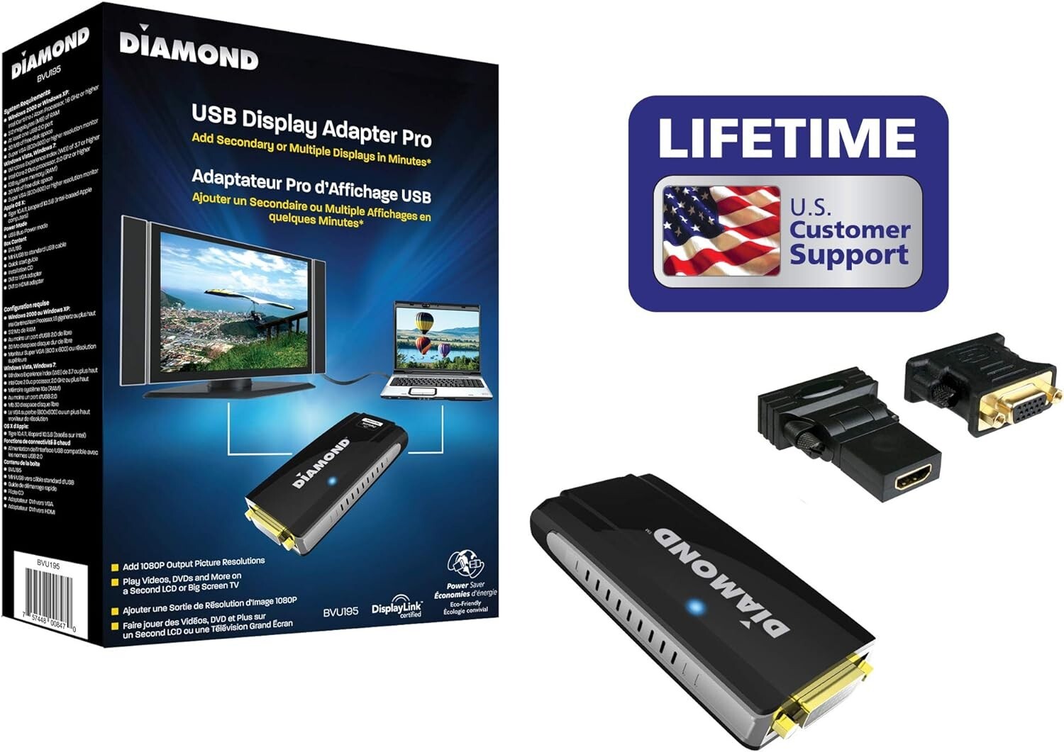 Diamond Multimedia BVU195 USB 2.0 to VGA/DVI/HDMI Video Graphics Adapter up to 2