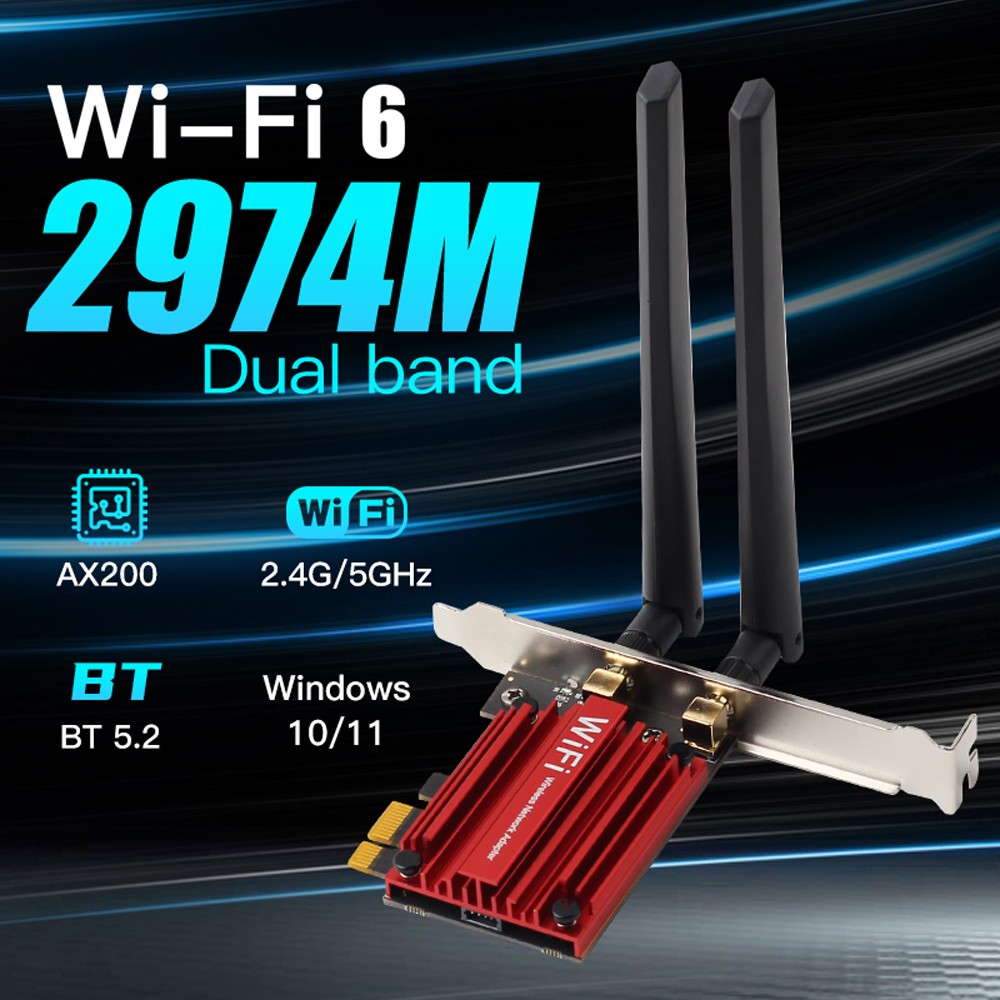 WiFi6 AX200 PCIe Wireless Card 2974M 2.4G/5G Low Latency BT5.2 Gaming PC Adapter