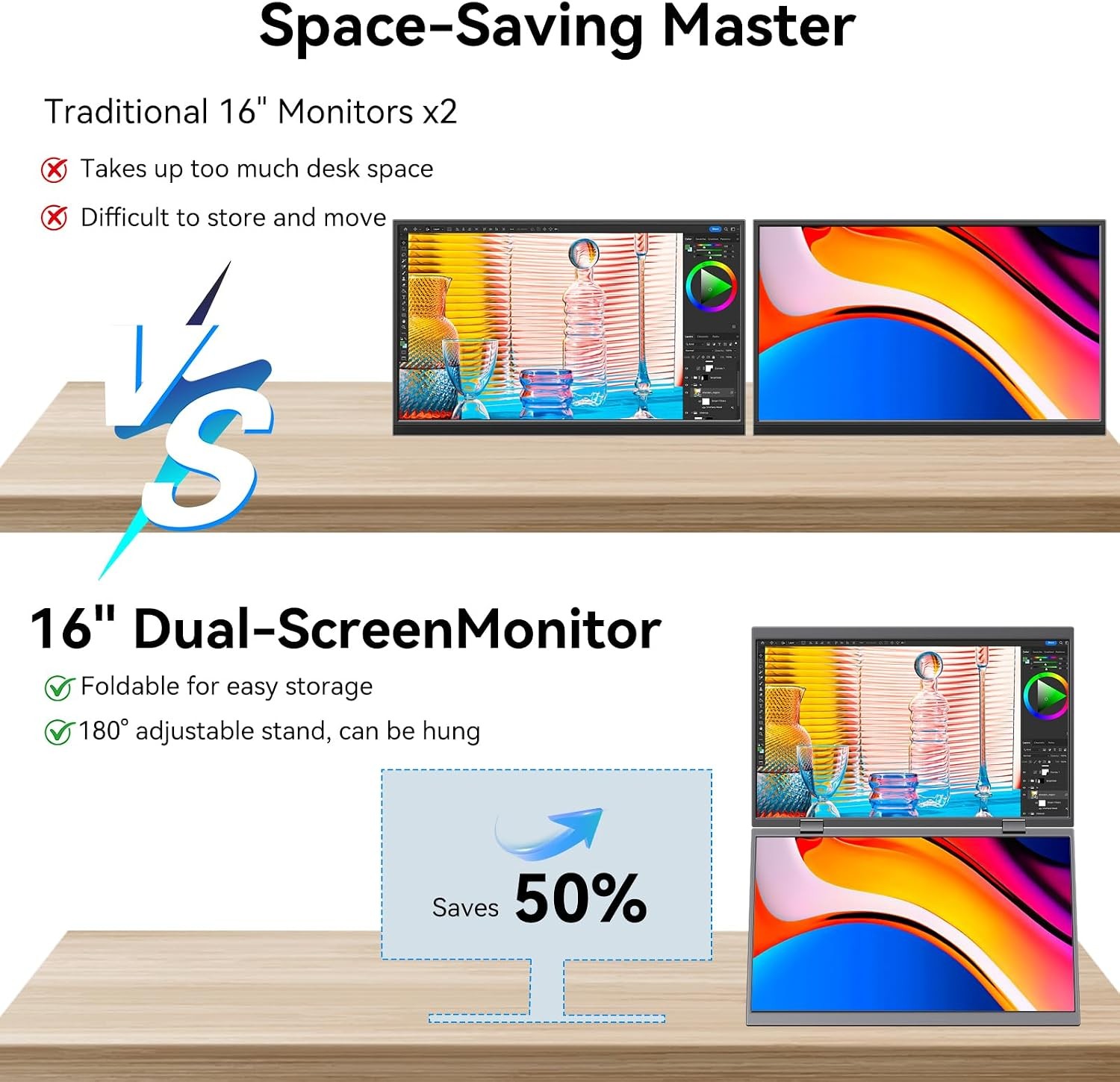 16 Inch Dual Touchscreen Portable Monitor, 1920×1200 IPS, USB-C & HDMI