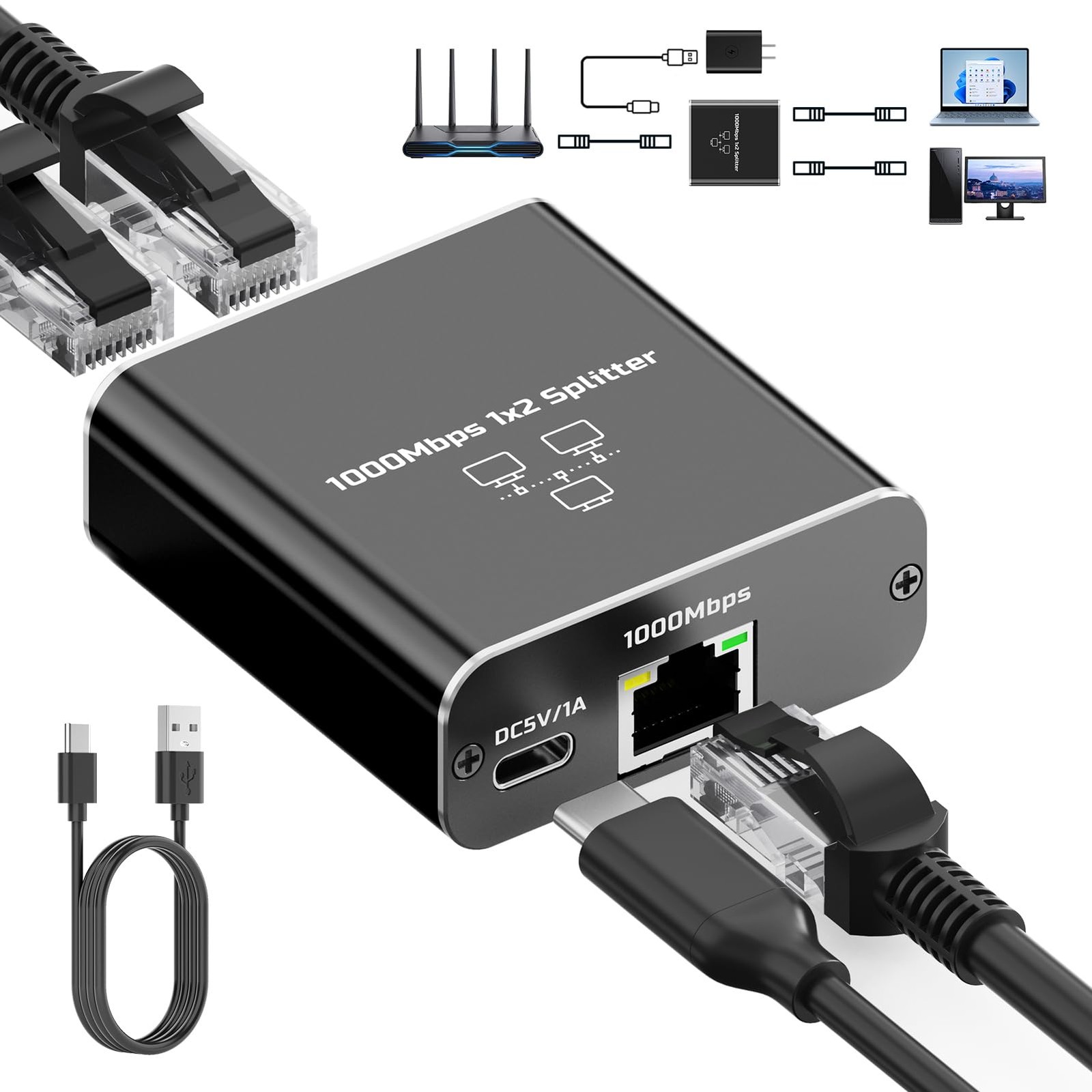 Gigabit Ethernet Splitter 1 to 2, 1000Mbps High Speed LAN Splitter with USB‑C…