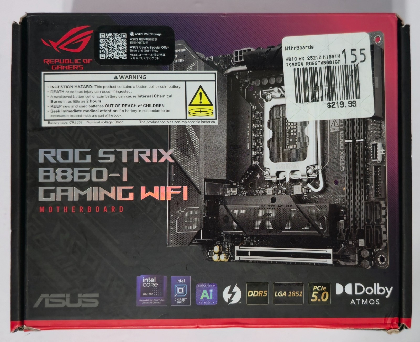 ASUS ROG STRIX B860I GAMING WIFI Mini ITX LGA1851 DDR5 WiFi 7 *No WiFi Antenna*